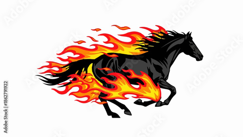 A black horse gallops with its mane and tail engulfed in vibrant flames
