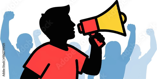 A black silhouette of a person in a red shirt speaks into a red and yellow megaphone, with blue, faded silhouettes of protestors behind