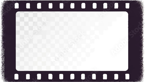 A blank, dark film frame with perforated edges on a transparent background