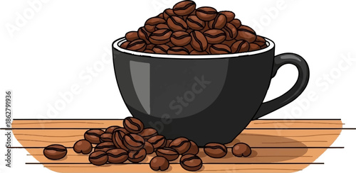 A black cup overflowing with roasted coffee beans sits on a wooden plank, with scattered beans around it