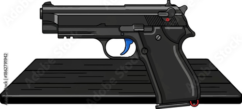 A black semi-automatic pistol with a blue trigger sits on a dark wooden surface, rendered in a clean style