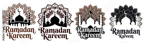 Elegant ramadan kareem greeting design arch frame brown mosque silhouette stars background invitation