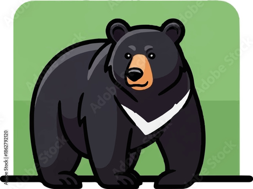 A bold illustration of a black bear with a distinctive white crescent on its chest, standing on green background