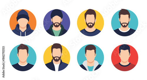 Diverse set of male avatars in circular icons with different hairstyles and beard styles for social media profiles.