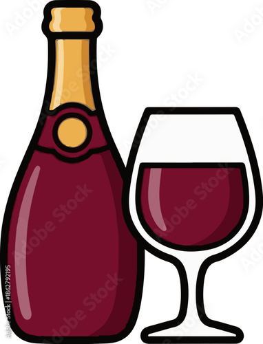 A bottle of red wine and a glass filled with the same beverage