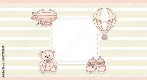Baby girl arrival announcement frame featuring a soft teddy bear, pink shoes, and vintage flying machines on a neutral striped background.