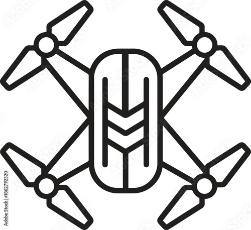 Modern drone icon illustration with four rotors and camera for aerial surveillance video