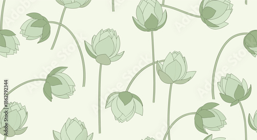Elegant seamless pattern of green lotus flower buds with delicate stems on a pale cream background for fabric and textile design.