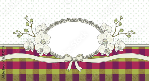 Vintage floral frame decorated with white orchid flowers and a delicate cream bow over a checkered and dotted colorful pattern.