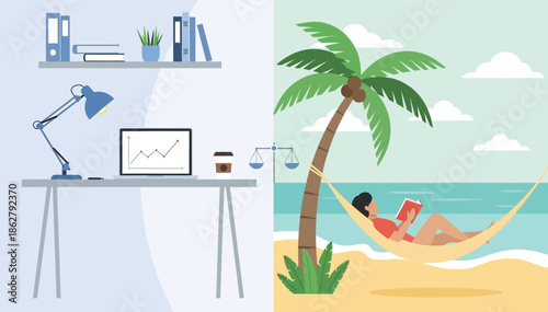 Work life balance concept illustrating a professional office environment contrasted with a serene beach getaway