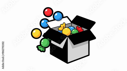 A box overflows with colorful candies, with more spilling out