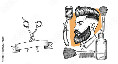 Vintage barber shop set featuring a bearded man portrait, scissors, combs, and a glass spray bottle in a classic sketch style.