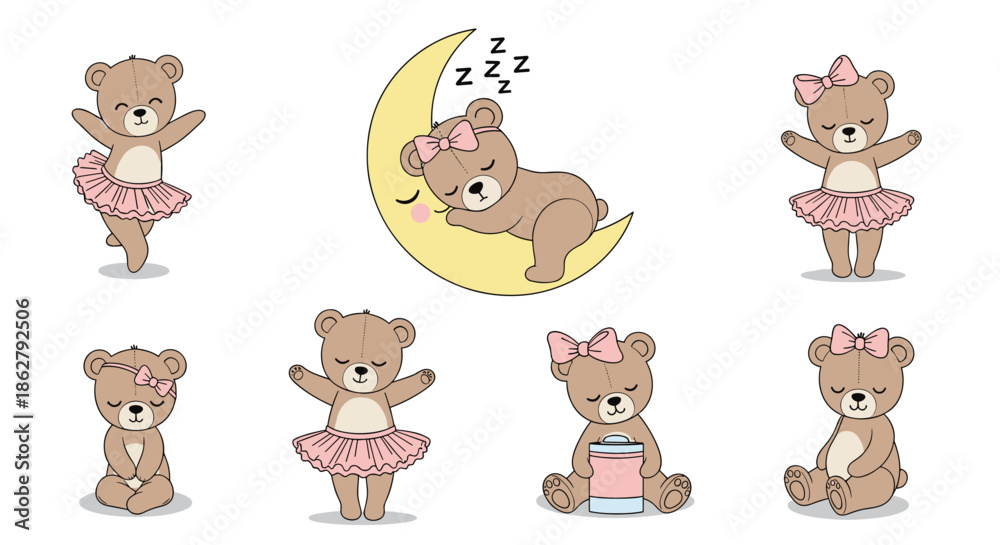 Obraz premium Adorable set of cartoon teddy bear ballerinas in various poses, including sleeping on a moon and wearing pink tutus.