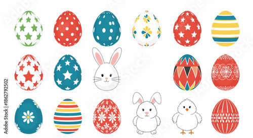 Colorful collection of decorated Easter eggs with various patterns, cute white bunnies, and a small yellow chick icon.