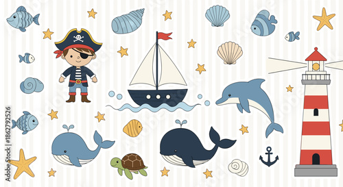 Fun sea adventure collection with a cute boy pirate, a sailing ship, a lighthouse, whales, dolphins, and sea creatures.