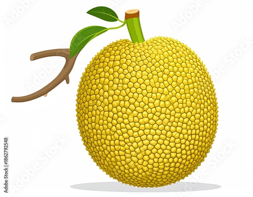 Vibrant illustrated jackfruit with leaves isolated on white background