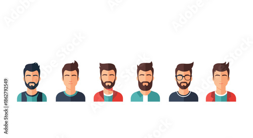 Professional row of male avatars featuring different hairstyles and beard styles, wearing casual and formal shirts.