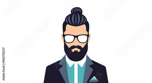 Modern hipster man avatar with a top knot hairstyle, full beard, thick-rimmed glasses, and a stylish navy suit.