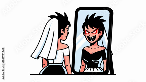 A bride in a white dress looks in a mirror, seeing a monstrous, red-eyed reflection of herself
