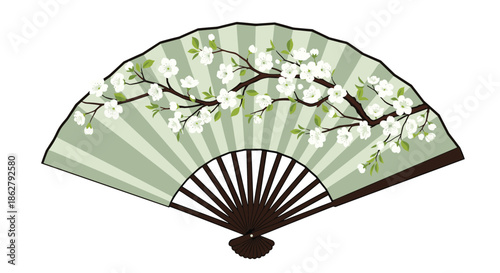 Elegant green Japanese folding fan decorated with a delicate branch of white cherry blossoms and green leaves.