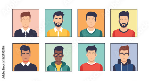 Set of eight diverse male avatars with different ethnicities, hairstyles, and outfits, presented in colorful squares.