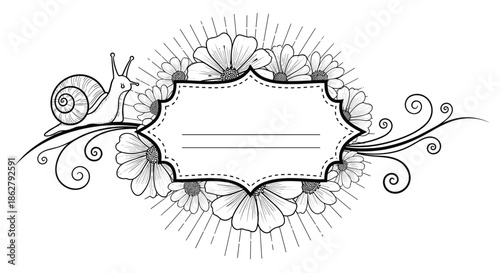 Decorative black and white frame featuring a cute snail crawling on a garden of blooming flowers and swirls.