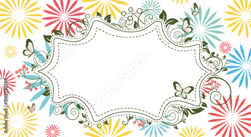 Beautiful floral frame decorated with colorful spring flowers, swirling vines, delicate butterflies, and red berries.