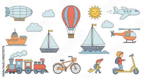 Large set of colorful transport icons including a plane, ship, train, bicycle, and scooter for travel and logistics design.