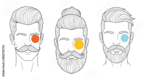 Artistic sketch of three male heads with stylish hair and thick mustaches featuring colorful dots over their eyes.
