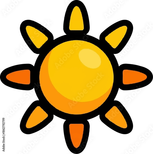 A bright, cartoonish sun with radiating orange and yellow rays on a white background