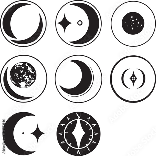 Collection of nine black and white celestial icons depicting various moon phases and stars