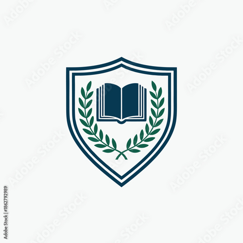 Educational crest with open book and laurel wreath on shield background