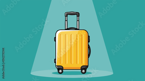 A bright yellow rolling suitcase stands upright in a spotlight on a teal background, ready for travel