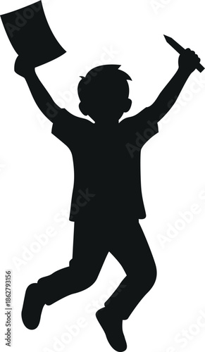 Silhouette of a jubilant child jumping with a book and a pencil