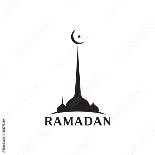 Black silhouette of a mosque with crescent moon and star above text Ramadan islam