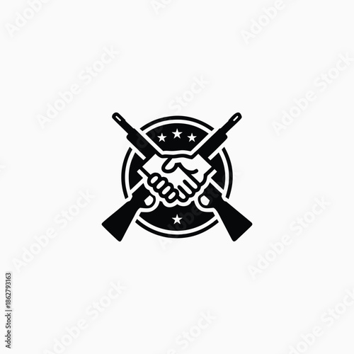 Military handshake logo with crossed rifles and stars in circular badge