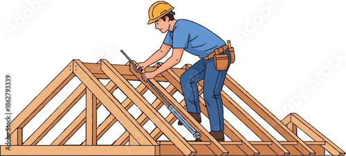 A builder works on wooden roof trusses, wearing a hard hat and tool belt