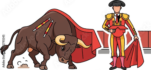A bullfight scene depicts a brown bull with red capes and a matador in traditional attire