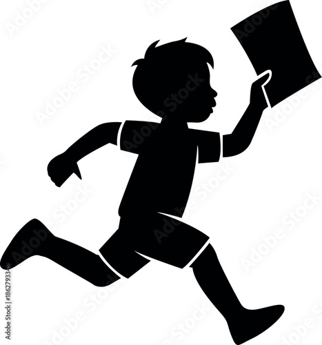 A silhouette of a boy running while holding a book in his hand