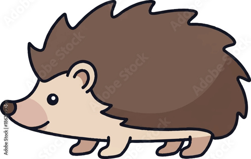 A cute, cartoonish hedgehog with brown spines and a light tan body walks