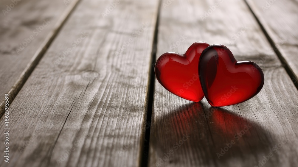 Fototapeta premium Two Red Transparent Hearts on Rustic Wooden Table