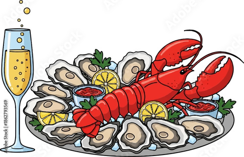 A festive platter of fresh oysters and a vibrant lobster, served with lemon and cocktail sauce, alongside a flute of bubbly champagne