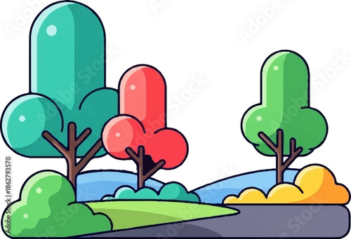 A charming pixel art landscape scene featuring stylized trees, bushes, and a pathway with rolling hills