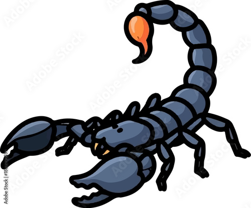 A cartoon illustration of a dark blue scorpion with a curved tail and orange stinger, posed menacingly with large pincers extended