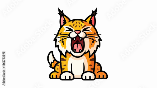 A cute, cartoonish lynx with yellow fur, dark spots, and tufted ears, is roaring