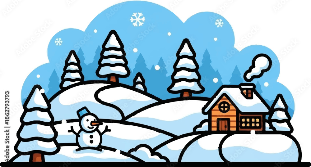 Fototapeta premium A charming winter scene with a cozy cottage, snowman, snow-covered trees, and falling snowflakes