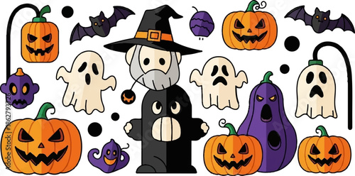 A collection of cute cartoon Halloween elements pumpkins, ghosts, bats, and a wizard