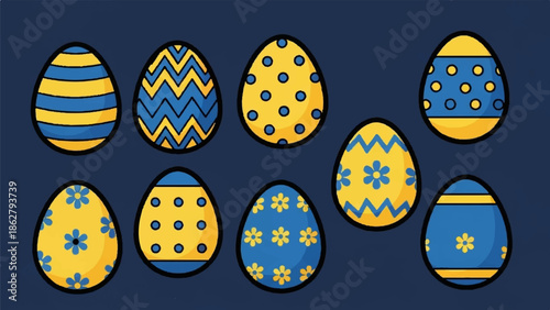 A collection of decorative Easter eggs with blue and yellow patterns