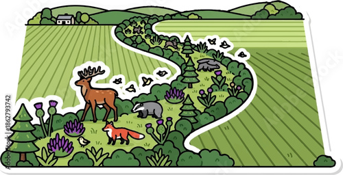 A charming, whimsical rural scene depicts a verdant landscape with rolling hills, fields, and a winding path