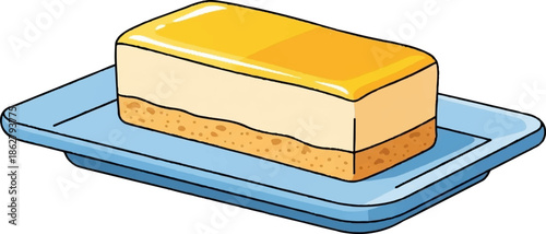 A layered dessert with a glossy yellow top and a textured base rests on a blue tray